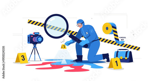 Forensic investigator examining crime scene evidence with magnifying glass.