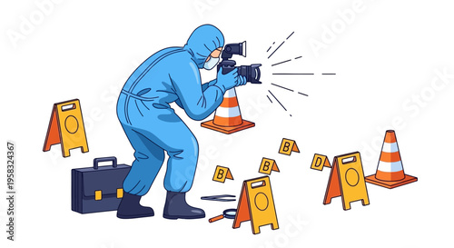 Forensic investigator in protective suit documenting crime scene evidence.