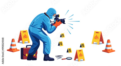 Forensic Investigator in Hazmat Suit Documenting Crime Scene Evidence.
