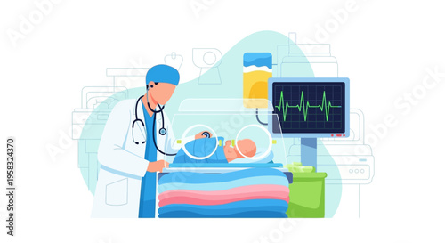 Doctor Caring for Patient in Hospital Bed with Medical Equipment.