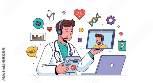 Doctor consulting patient online via video call technology.