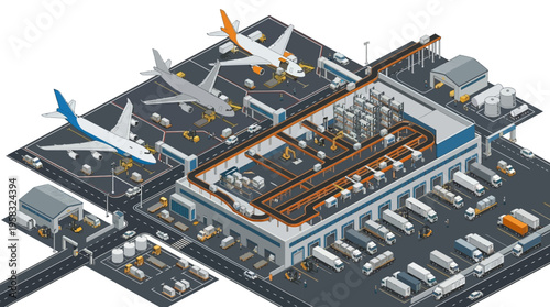 Automated Logistics and Global Air Cargo Operations at a Modern Airport Hub - Isometric Illustration of Supply Chain Management