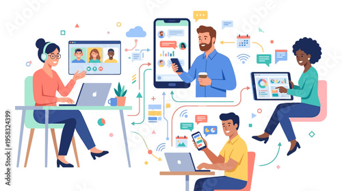 Diverse group collaborating remotely using technology.