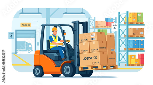 Forklift Operator Moving Boxes in Warehouse.