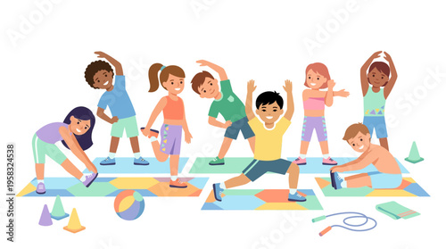 Diverse group of children engaged in various fitness exercises.