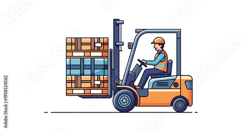 Forklift Operator Moving Stacked Boxes in Warehouse.