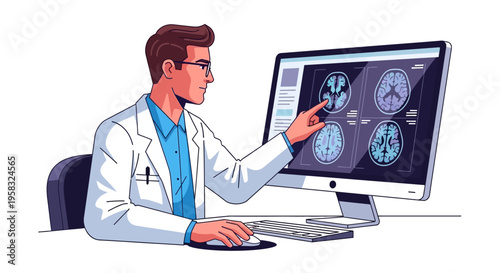 Doctor Examining Brain Scans on Computer Screen.