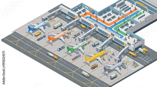 Isometric illustration of a busy airport terminal showcasing aircraft at gates and passengers navigating the boarding process