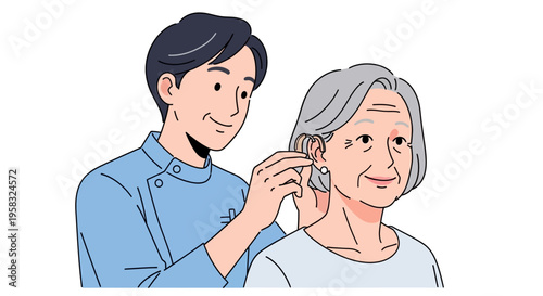 Doctor examining elderly womans ear for hearing aid fitting.