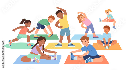 Diverse group of children engaging in various stretching exercises on colorful mats.