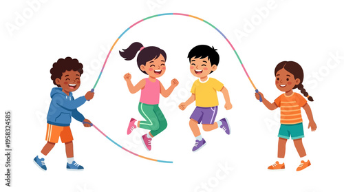 Diverse group of children joyfully playing jump rope together.