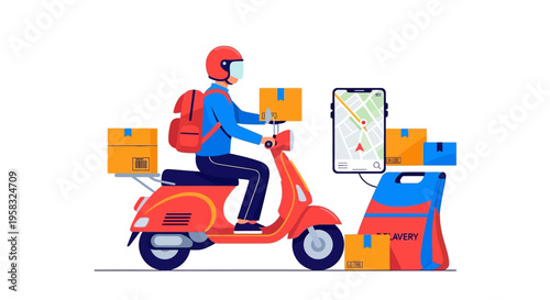 Delivery person on scooter with packages and navigation app.