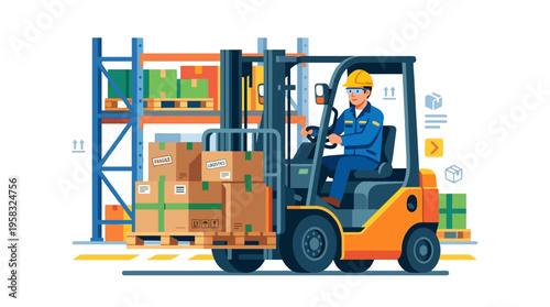 Forklift Operator Working in a Warehouse Moving Boxes.