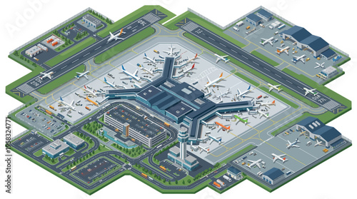Isometric illustration of a busy international airport, featuring aircraft, terminals, runways, and global travel.