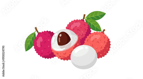 Fresh Lychee Fruits with Leaves and One Cut Open.