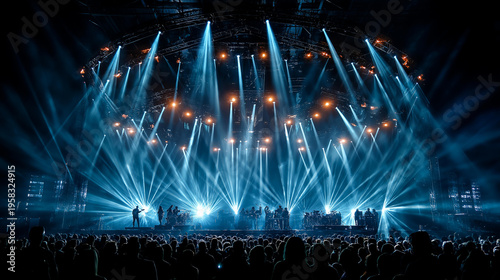 Captivating concert scene highlighting energy and excitement of live performance with vibrant light beams illuminating crowd, unforgettable atmosphere concept, defocused