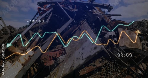 Animation of financial data processing and statistics over machinery in wasteland