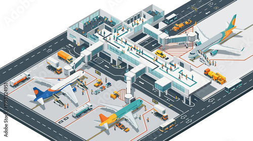 Isometric airport scene: passengers boarding planes, ground crew on tarmac. Modern terminal and global air travel operations.