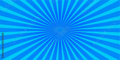 An abstract blue sunburst background featuring a bright radial light beam illustration with a starburst pattern and summer sky glow in a vector design texture