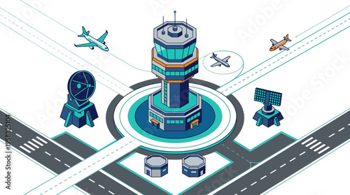 Isometric illustration of an airport control tower with aircraft, radar, and runways, depicting modern air traffic management and aviation operations.