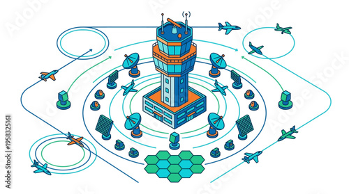 Isometric illustration of an air traffic control tower and radar guiding aircraft on flight paths, for aviation management.