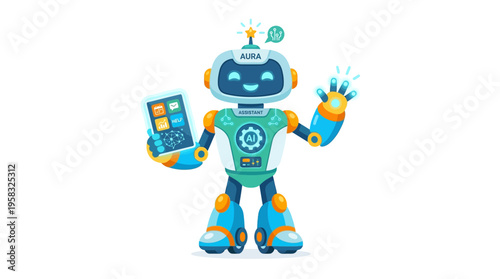 Friendly cartoon robot holding a tablet and waving hello.