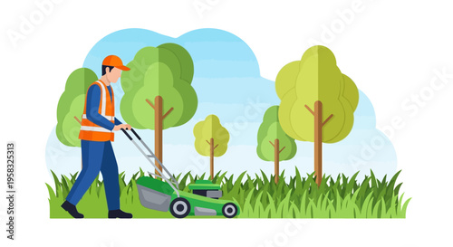Gardener Mowing Lawn with Modern Mower Machine.