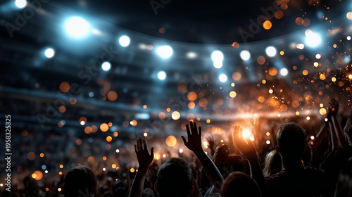 Massive crowd watching electric performance in stadium during dramatic moment, excitement and thrill of live events and shared experiences encapsulated concept, defocused