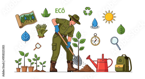 Gardener planting a small tree with care.