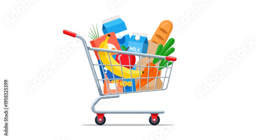 Full Shopping Cart Overflowing with Groceries and Goods.