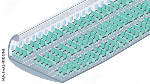 Isometric view of an empty airplane cabin interior with rows of teal passenger seats, illustrating modern air travel and transportation layout