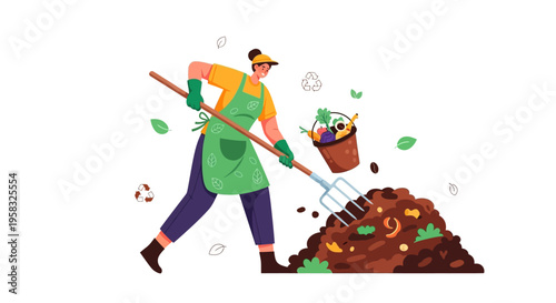 Gardener turning compost pile with pitchfork and bucket.
