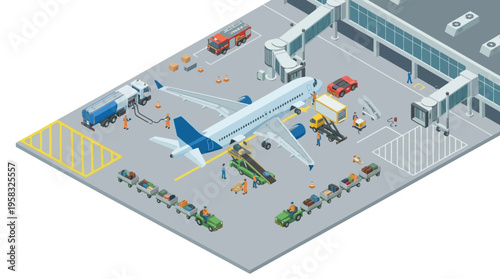 Isometric illustration of airport ground operations: an airplane serviced by vehicles and crew near the terminal.