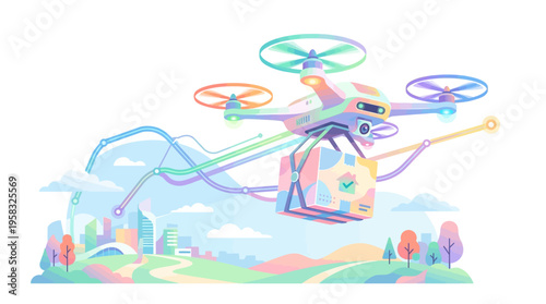 Futuristic drone delivering package with colorful design.
