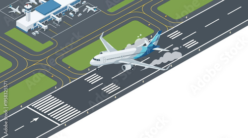 Isometric vector illustration: Passenger jet taking off from an airport runway, symbolizing global air travel and modern aviation logistics.