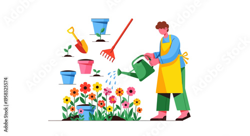 Gardener watering colorful flowers in a vibrant garden setting.
