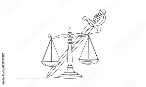 A sketch of a scales of justice with a sword and a feather