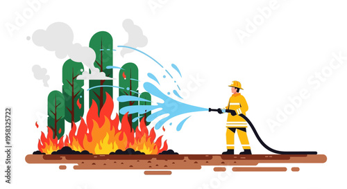 Firefighter bravely battles raging desert wildfire extinguishing flames.