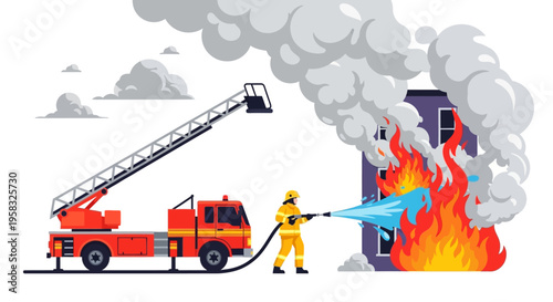 Firefighter battling raging house fire with ladder truck spraying water.