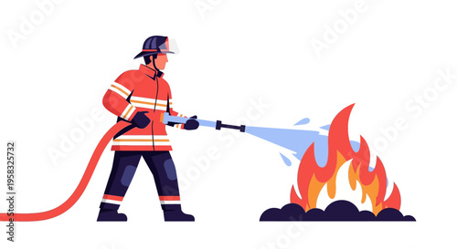 Firefighter bravely battles raging inferno with water hose.