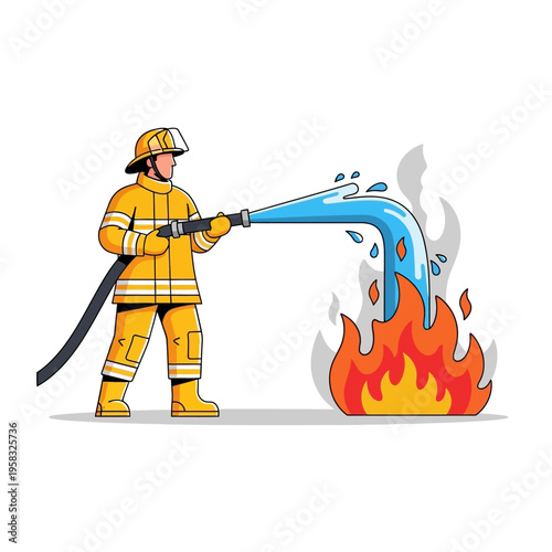Firefighter bravely battling a raging inferno with a powerful water stream.