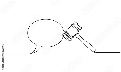 Gavel and speech bubble line drawing