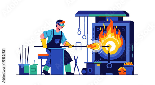 Glassblower working with molten glass in a furnace.