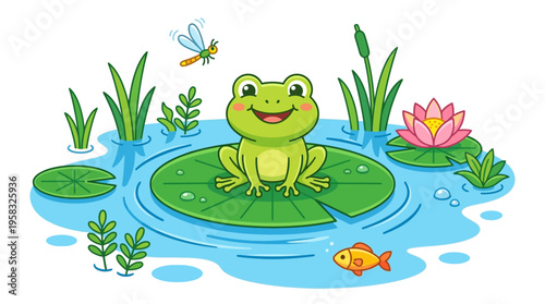 Happy Cartoon Frog Sitting on a Lily Pad.