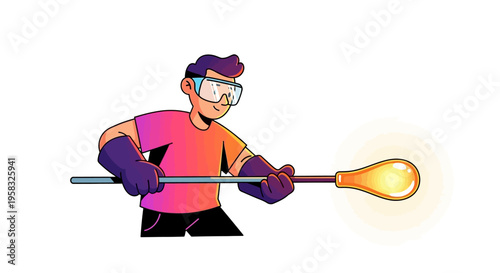 Glassblower working with molten glass on a rod.