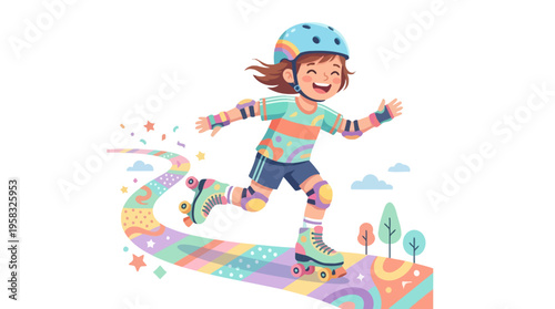 Happy child roller skating on a colorful path.