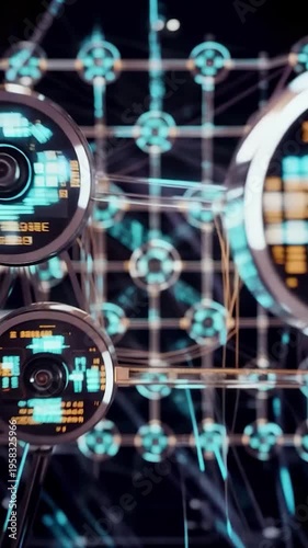 Advanced Sensor Network With Holography. Hightech Visual Display With Cybersecurity Oversight. Sophisticated Lens Architecture Featuring Rotating Sensors And Holographic Interfaces