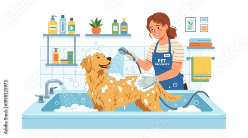 Happy golden retriever dog getting a bath by a groomer.