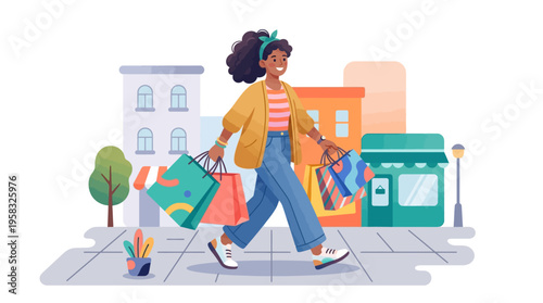 Happy woman walking with shopping bags.