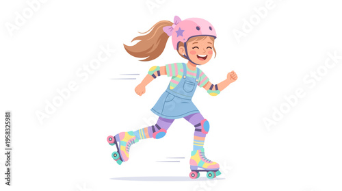 Happy Girl Roller Skating with Protective Gear.